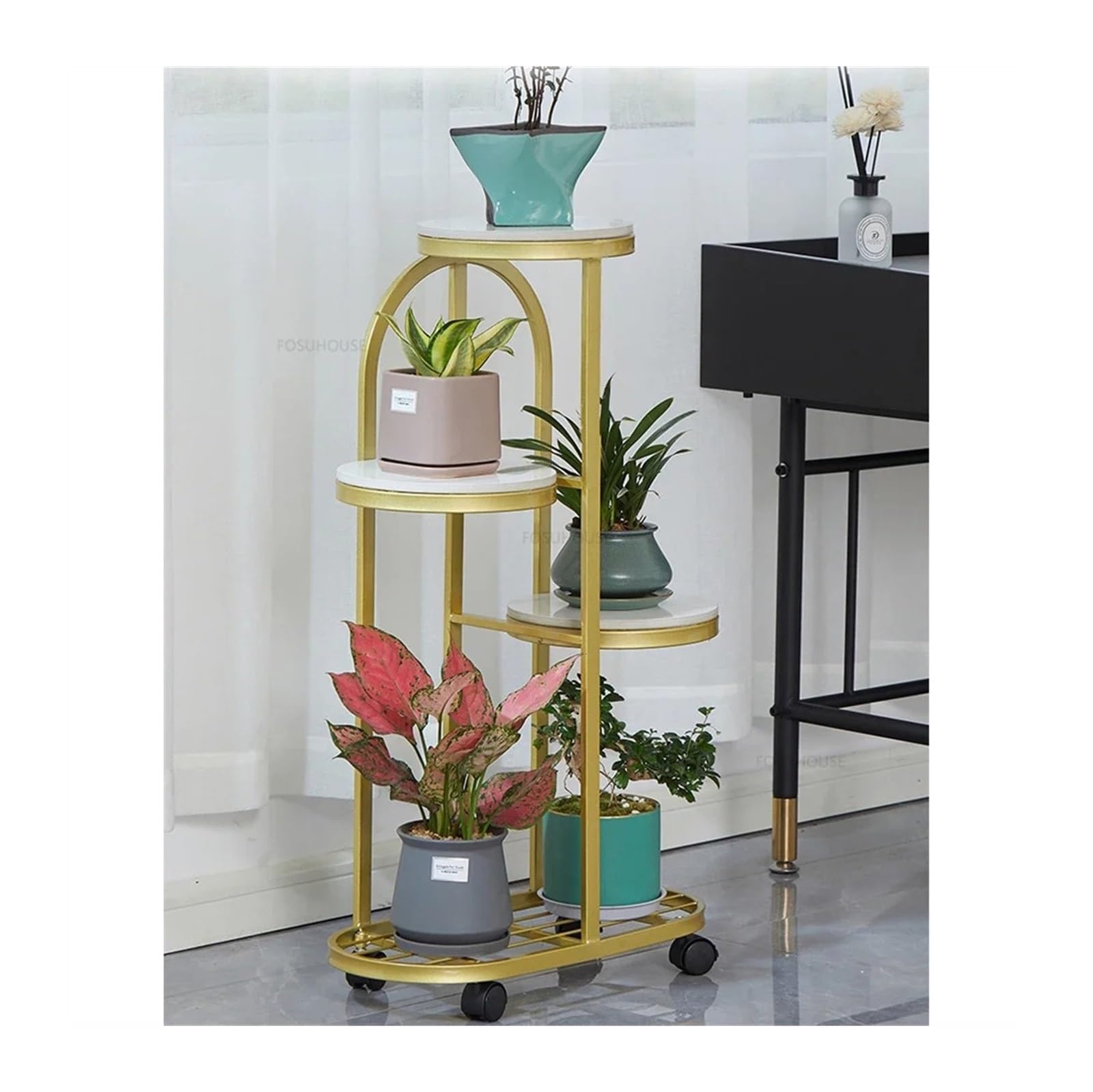 zhangrui1888 Plant Stand Nordic Wrought Iron Plant Shelves Outdoor Furniture Living Room Floor Stand for Flowers Indoor Balcony Multi-layer Indoor Plant Shelf(Gold)