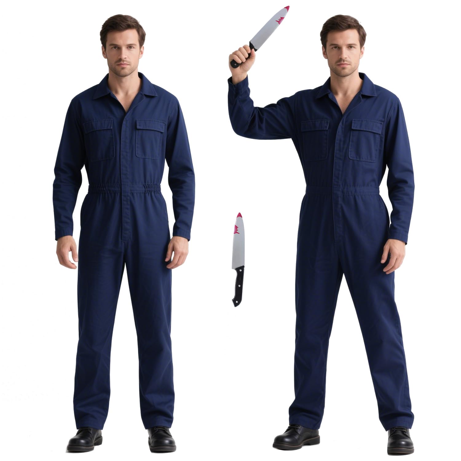 IMISHM Halloween Cosplay Costume for Men Halloween Kller costume Navy Blue Coveralls Jumpsuit with Mask Toy Knife set