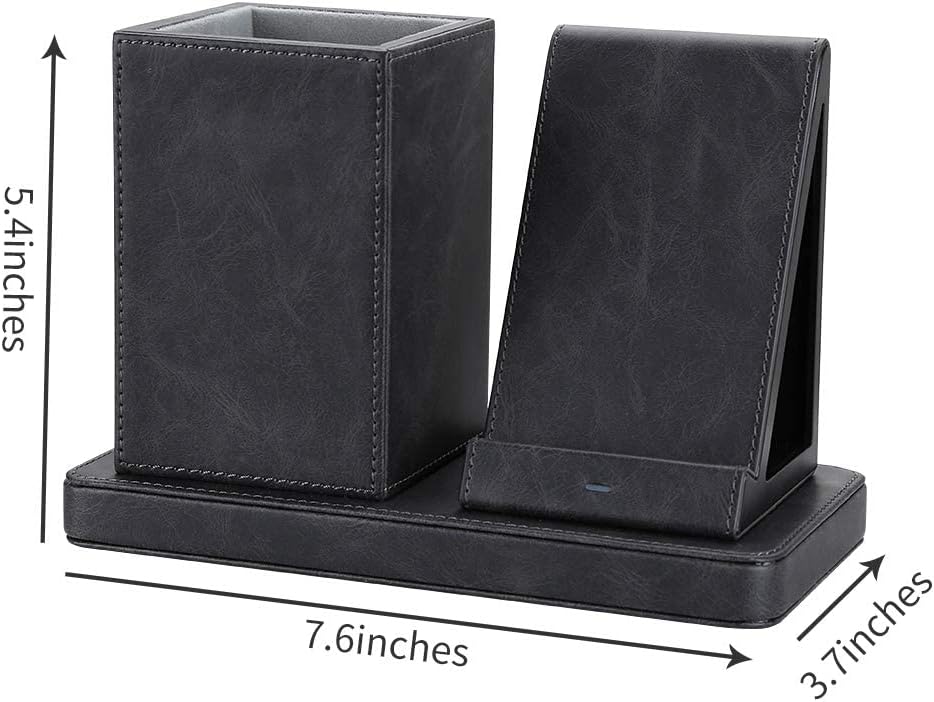 KINGFOM PU Leather Desk Organizer Pen Pencil Holder with Wireless Charger Stand, 10W Fast Wireless-Charging for iPhone 11, 11 Pro, 11 Pro Max, XR, Xs Max, XS, X, 8, 8 Plus(Gray)