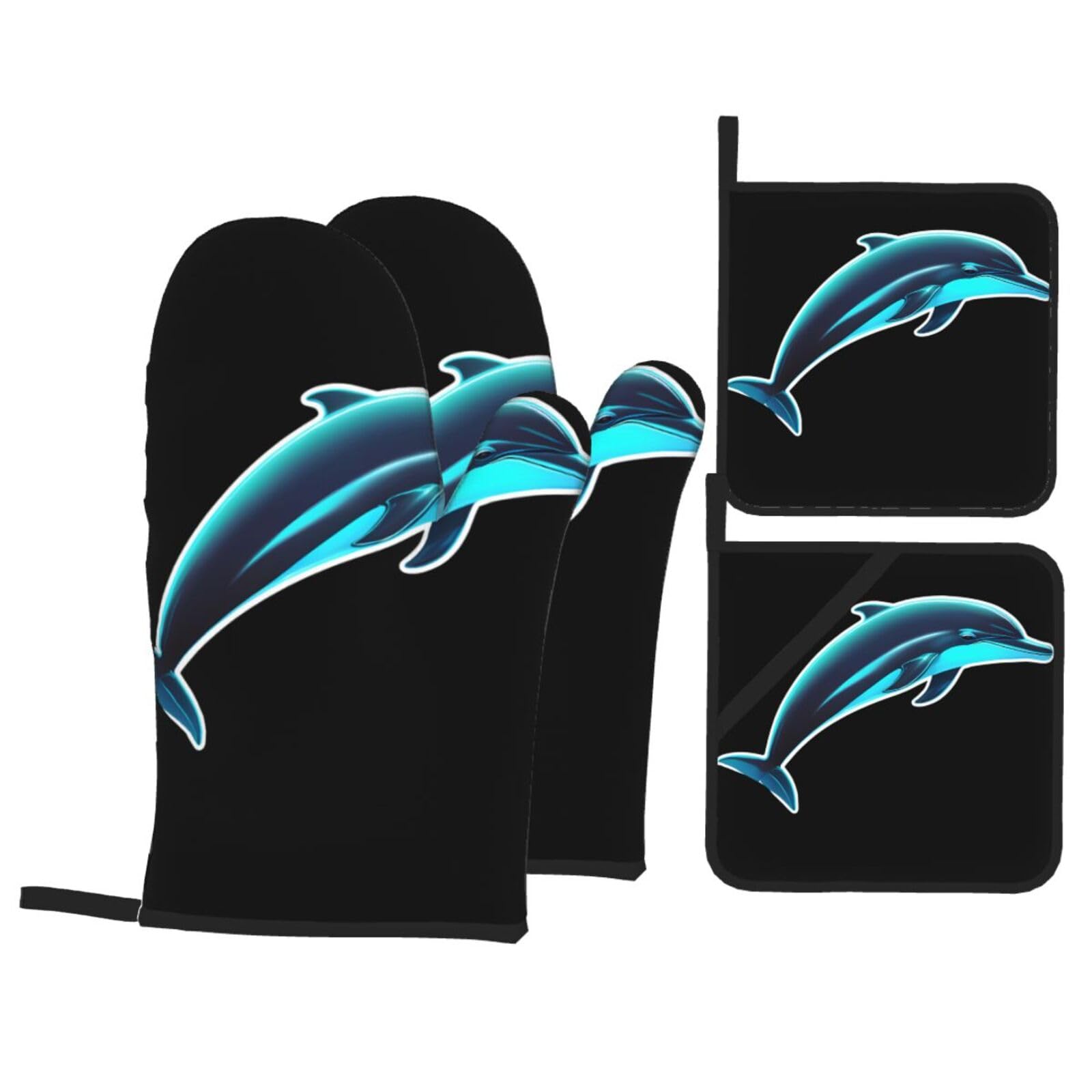 YYHWHJDE Neon Dolphin Printed Kitchen Baking Set of 4 Thick Insulated Oven Mitt & Pot Holders, Anti-Scalding for Microwave, Oven, Outdoor BBQ