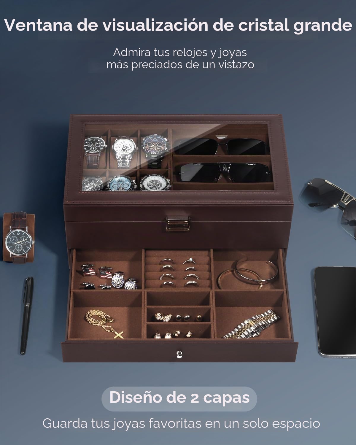 Kukikan Joyero organizador de relojes, caja de reloj y gafas de sol con tapa grande de cristal, 6 ranuras y 2 capas, joyero para hombre con cerradura, soporte para reloj, regalo para hombres y mujeres