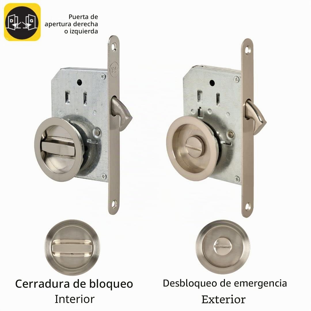 Kit de cerradura Yale para puerta corredera - Cerradura de cierre y manijas de taza redondas empotrables - Ø interior de las manijas 48 mm - Acero con acabado niquelado cepillado, Incluye tirador