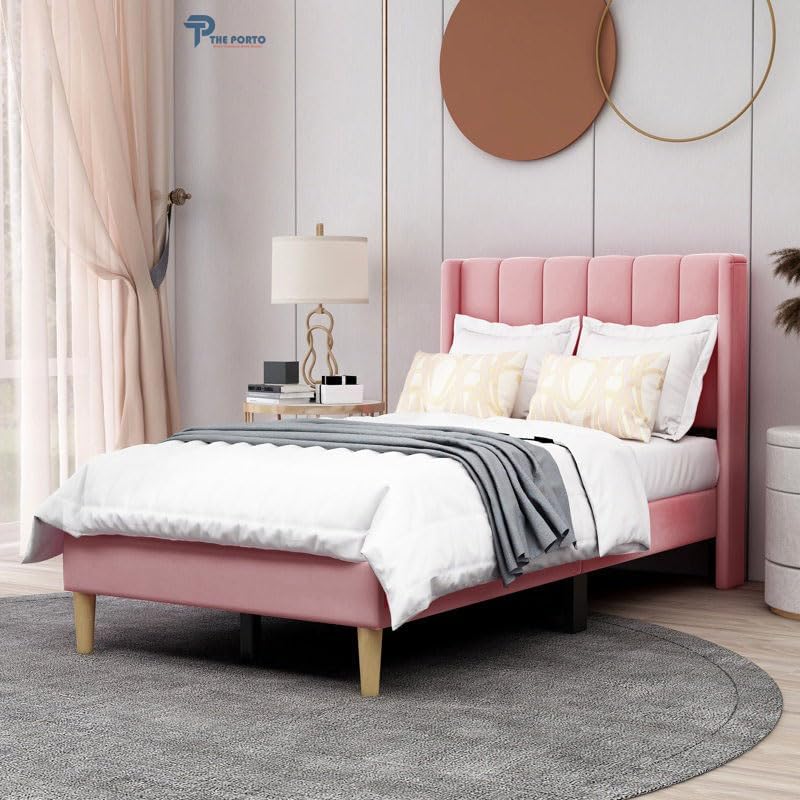 Image of Solid Wood Upholstered Single Bed for Bedroom Without Storage | Premium Fabric with Wingback Headboard | Wooden Single Bed Palang for Home | Stylish Single Cot Bed | 6 x 4 Ft, Pink