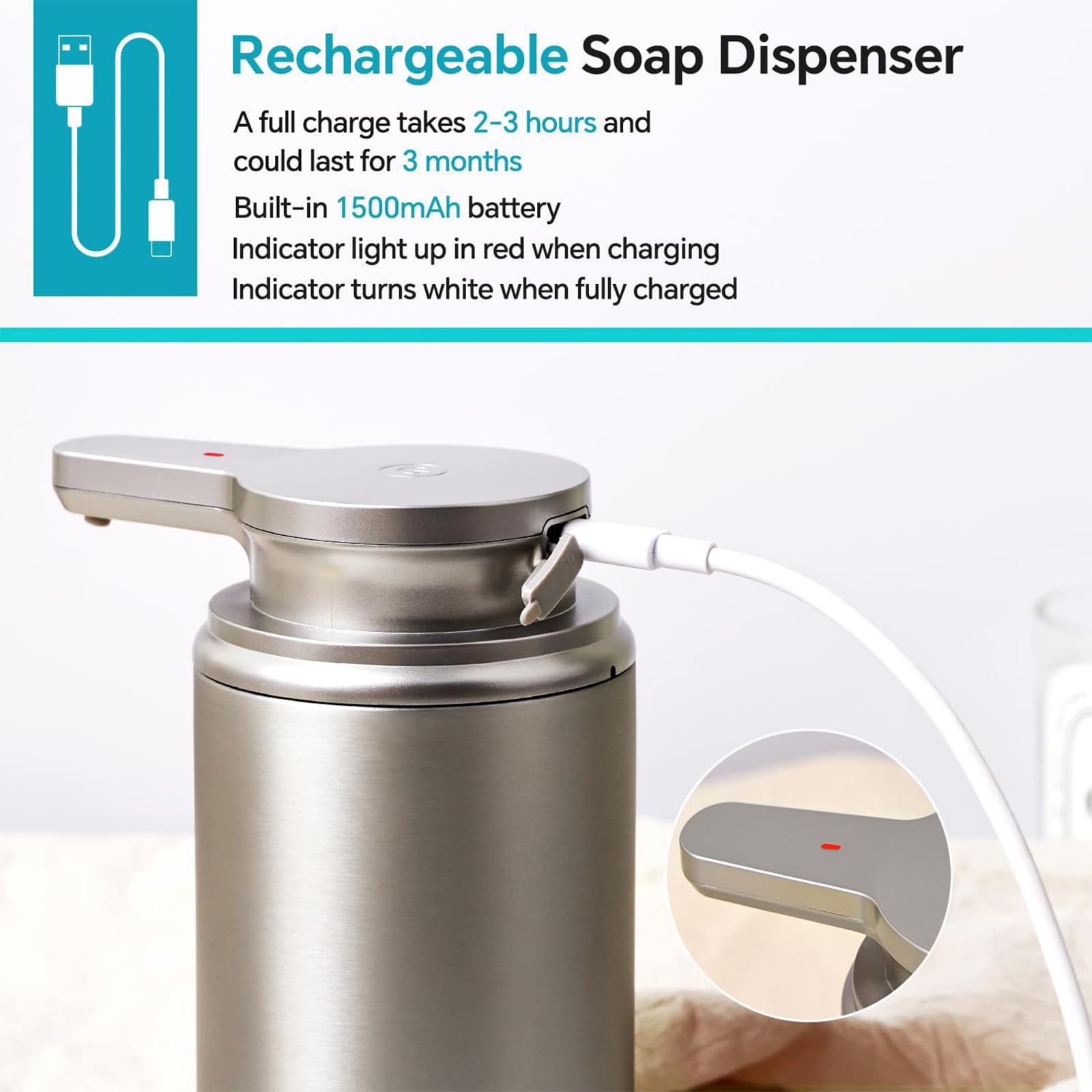 Dispenser di Sapone Automatico Touchless da 350 Ml in Acciaio Inox 304; Dispenser di Sapone Schiumogeno Ricaricabile per Bagno.