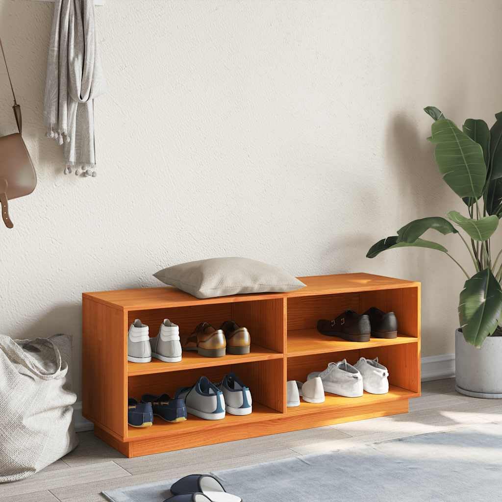 Schuhschrank Massivholz Kiefer 110x34x45cm Wachsbraun | Kompakte Schuhablage aus echtem Kiefernholz mit 4 offenen Fächern und robuster Oberplatte für Flur und Diele.