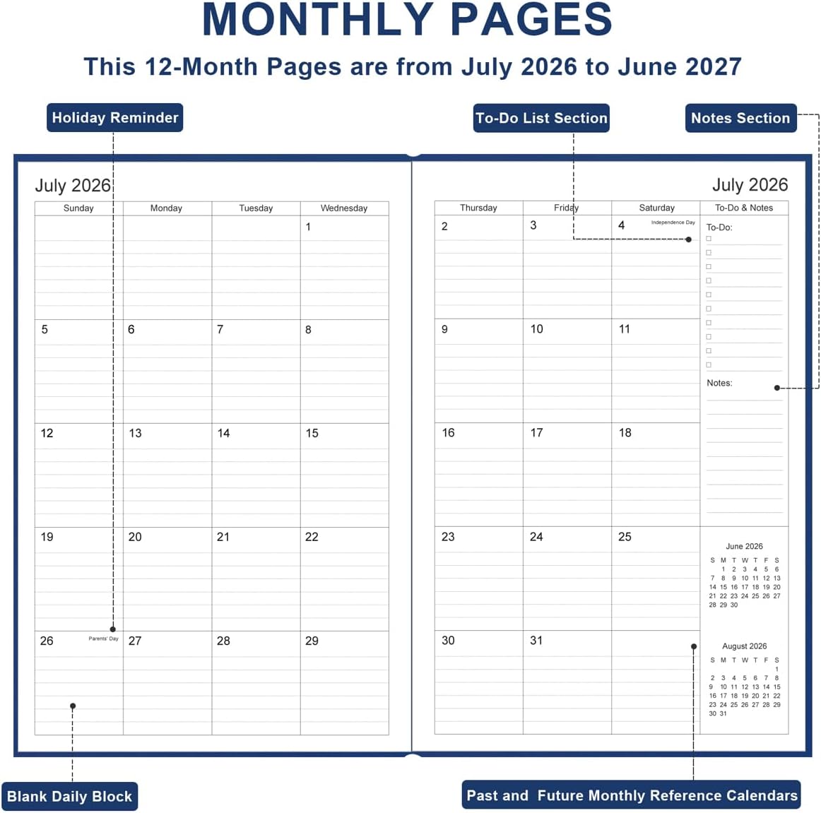 2026-2027 Planner - Weekly & Monthly Planner from July 2026 to June 2027, 5.8'' × 8.3'' Agenda 2026-2027 with Inner Pocket, Elastic Band, Hard Cover, Perfect Daily Organize, Blue image 3