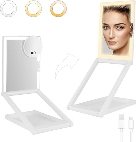 GURUN Espejo de maquillaje de viaje plegable portátil de altura ajustable con 3 colores de luz 10X aumento 2000mha recargable espejo de tocador de