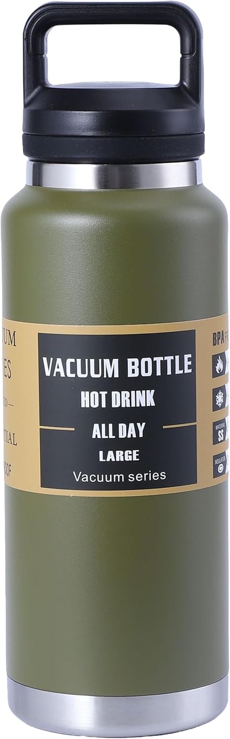 36 oz Stainless Steel Water Bottle – Leak‑Proof Double‑Wall Vacuum Insulated Bottle – Rugged Outdoor Metal Bottle for Travel, Hiking & Gym – Yeti‑Style Design (OD Green)