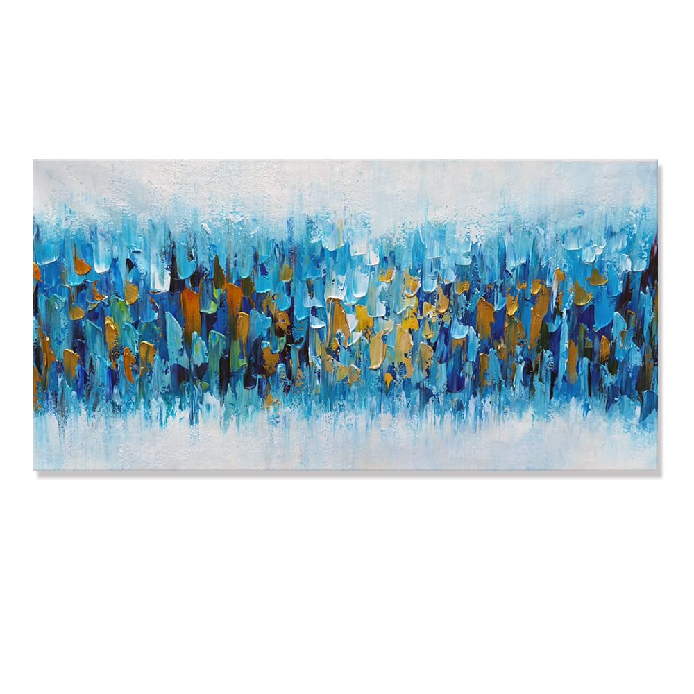 Mintura Pinturas al óleo modernas pintadas a mano en azul abstractas sobre lienzo para sala de estar decoración del hogar cuadros de pared sin marco (120 x 240 cm sin marco)