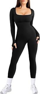 Jumpsuits for Women Long Sleeve Built-In Bra Square Neck Full Length Leggings Bodycon Stretch Workout Outfits