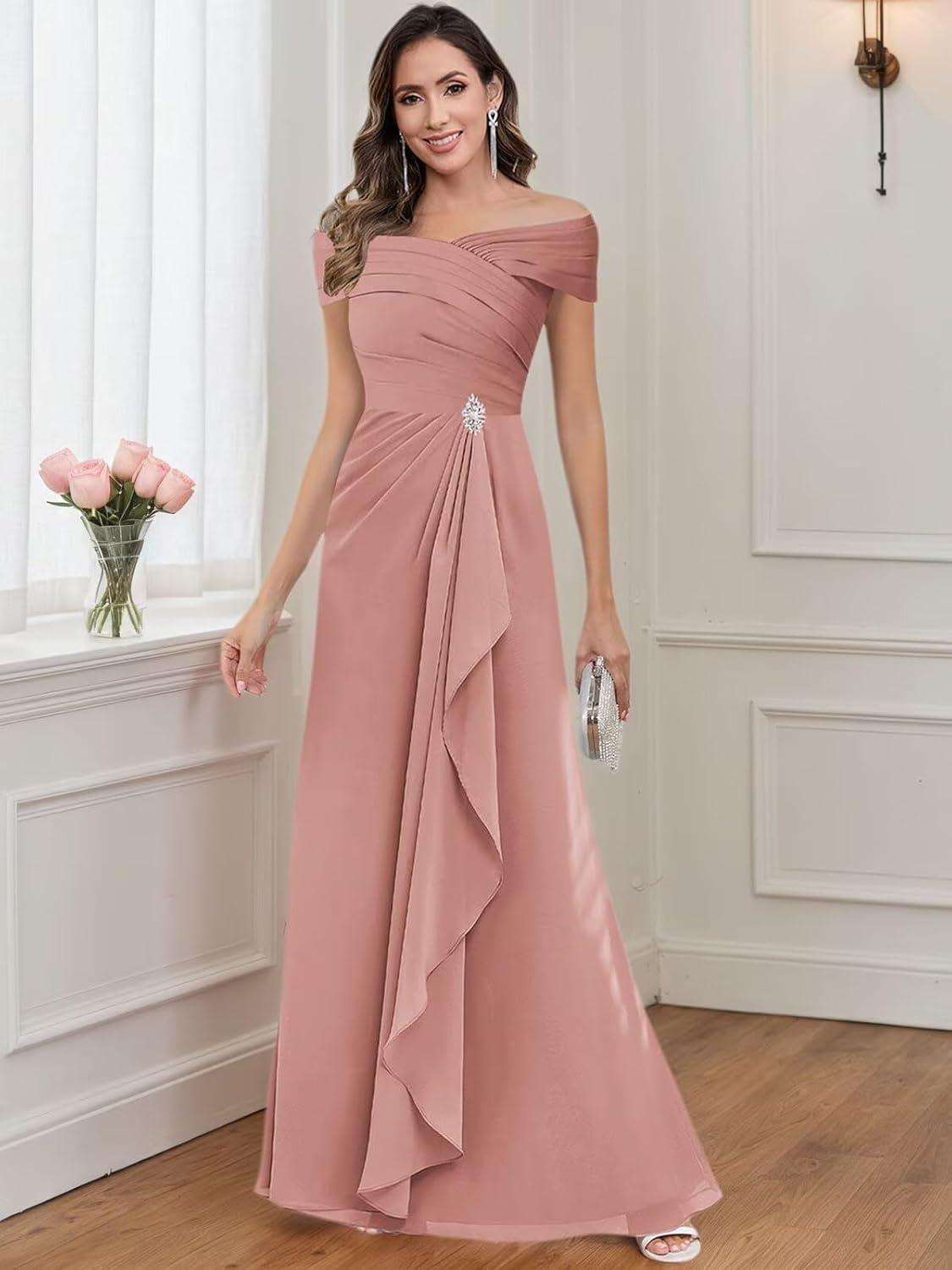 Off The Shoulder Mother of The Bride Dresses for Women Long A-line Ruffles Chiffon Ruched Formal Evening Dress - Image 2