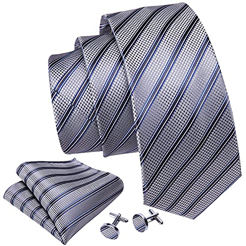 Barry.Wang Sliver Blue Tie Sets for Men Silk Stripe Necktie Woven Checkered Handkerchief Cufflinks Formal Business Wedding
