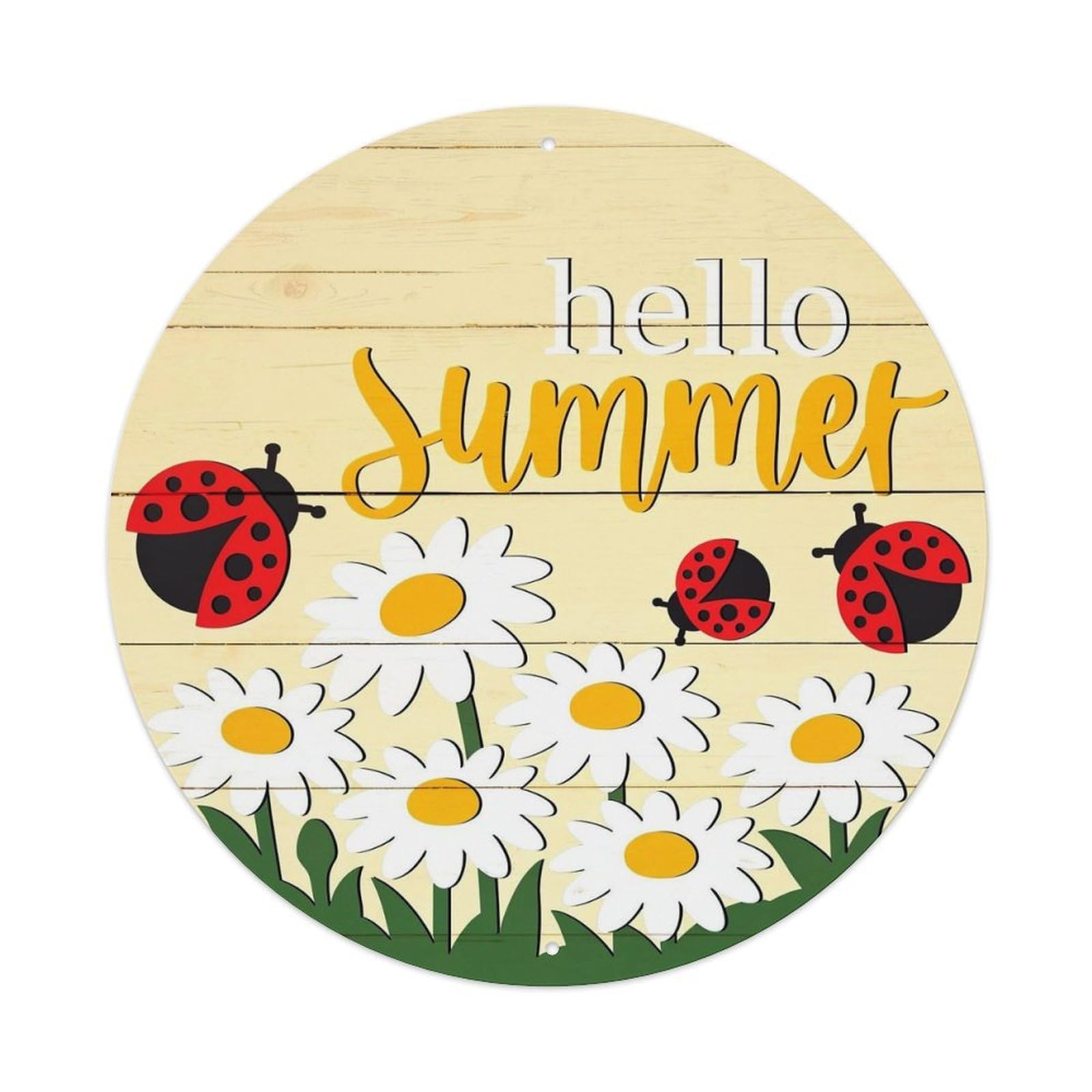 Ladybug Daisy Sun Summer Wood Round Tin Sign Vintage Metal Sign Home Bar Garden Indoor & Outdoor Wall Decor Retro Metal Poster 8x8 Inch