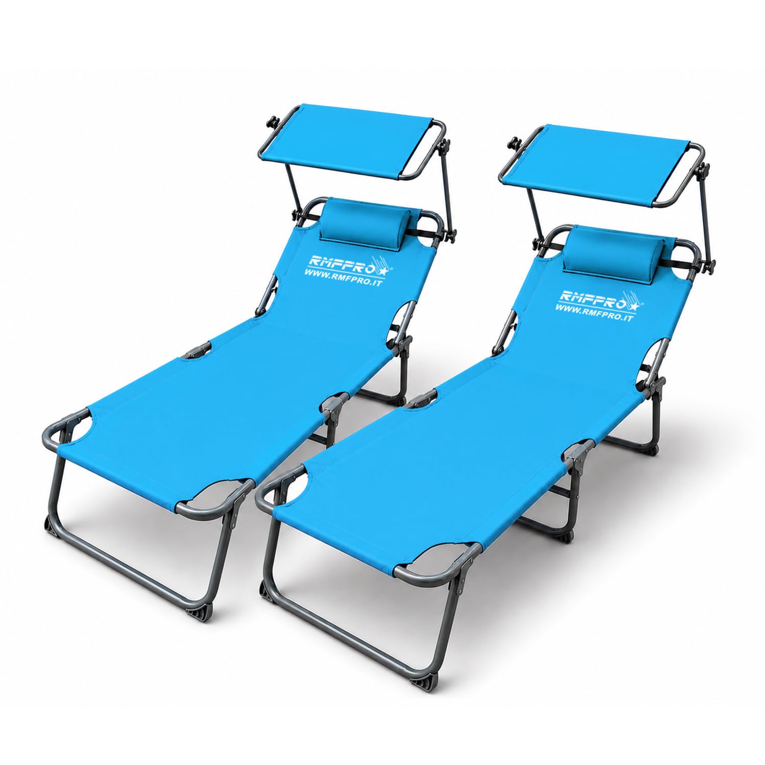 Set 2 Lettini Prendisole da Giardino o Spiaggia con Parasole, Lettino Mare Regolabile in 4 Posizioni - Struttura in Acciao Sdraio da Giardino Pieghevole Portatile, Cuscino Poggiatesta Blu