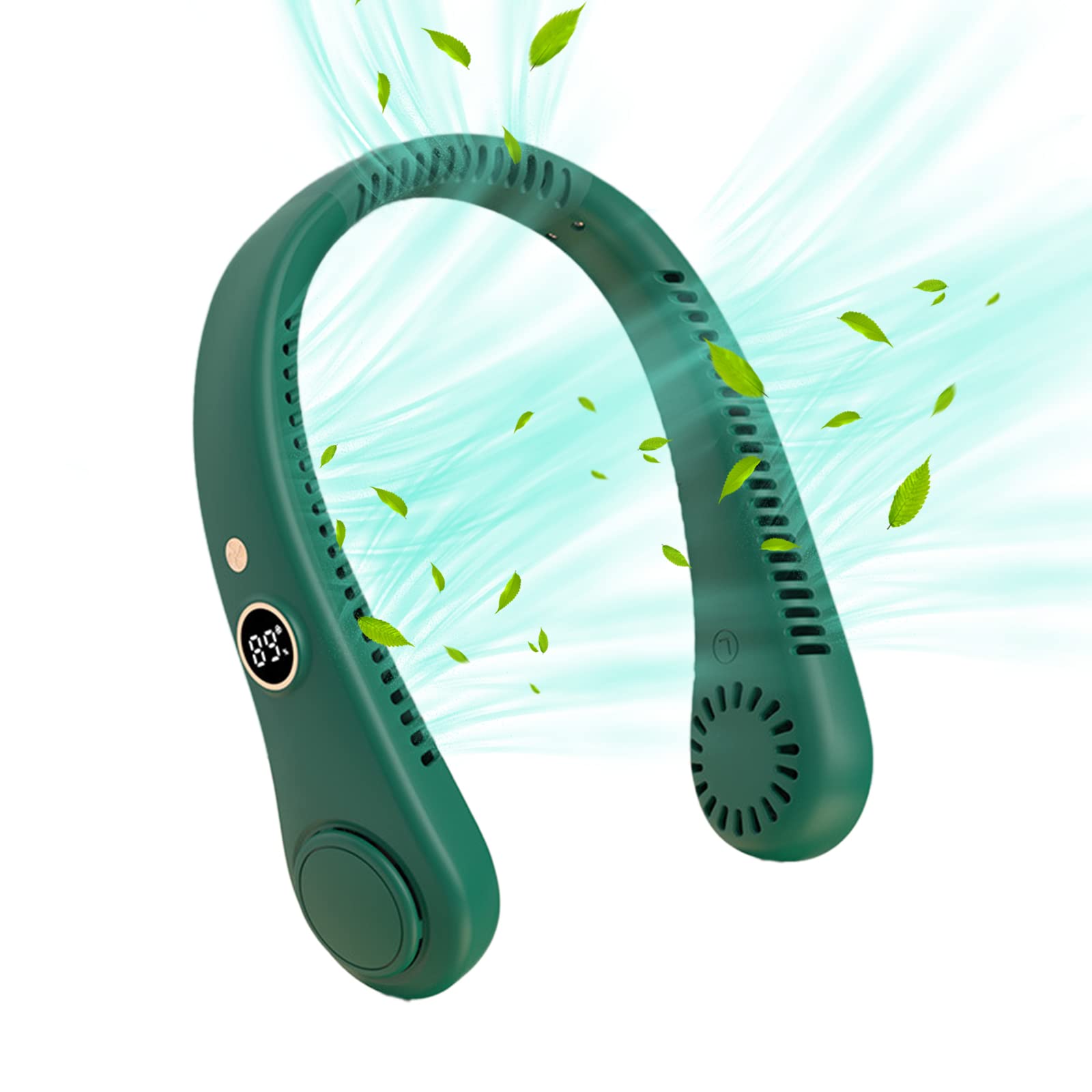 Neck Fan,Portable Neck Fan Rechargeable,Wearable Hands Free Fan Cooling Fans,Leafless Hanging Bladeless Mini-Fan for Women Men Office,Travel,Indoor Outdoor (Green, 5 Speeds,with Digital Display)