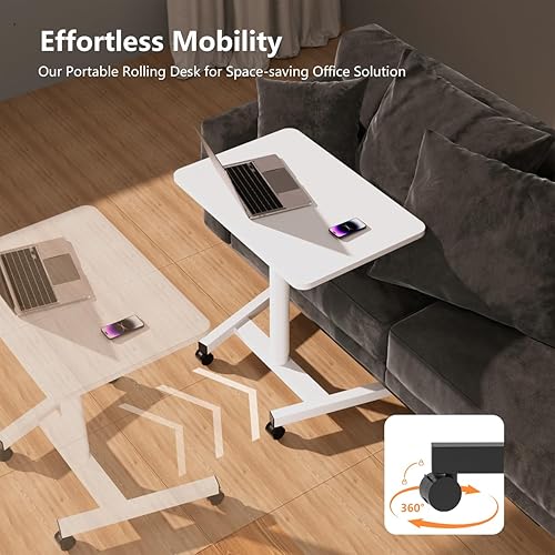 Vista 23 de Escritorio móvil de pie de 28 pulgadas de altura ajustable, escritorio de pie portátil con ruedas bloqueables, mesa rodante para el hogar, oficina