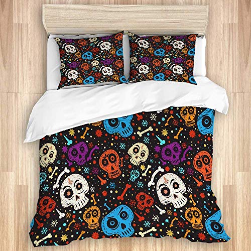 Juego de funda de edredón Calavera mexicana colorida del día de los muertos con adorno floral y flor 1 funda de edredón y 2 fundas de almohada de microfibra ultrasuave de primera calidad para niños ni