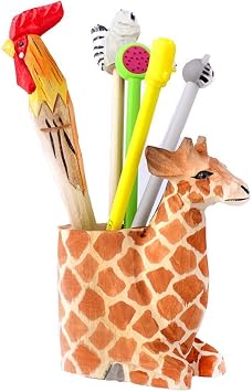 Wooden Desktop Pen Pencil Holder Stand, Creative Handmade Wood Carving Cartoon Animals Pen and Pencil Organizer Cup Office Supplies Giraffe