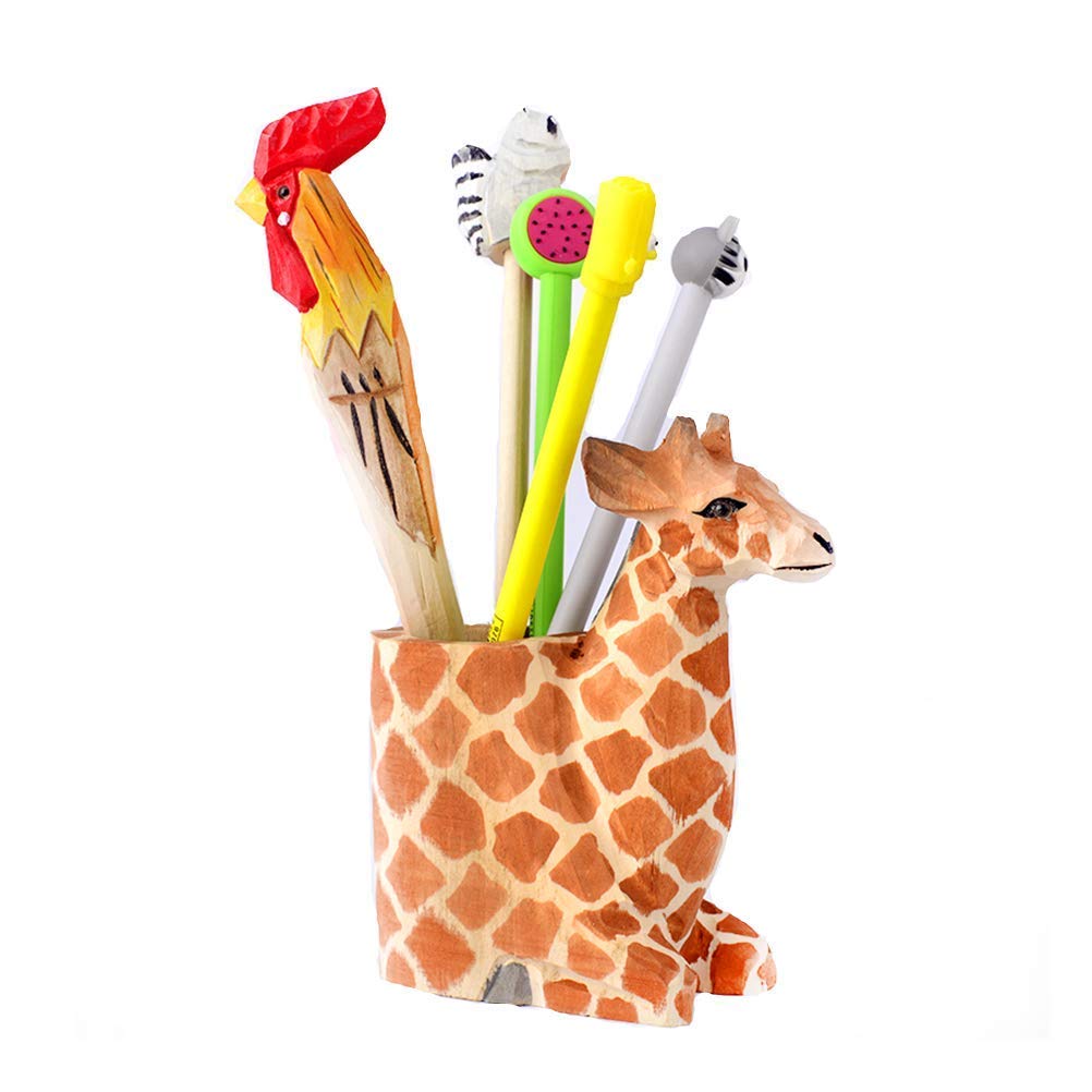 Booluee Wooden Desktop Pen Pencil Holder Stand, Creative Handmade Wood Carving Cartoon Animals Pen and Pencil Organizer Cup Office Supplies (Giraffe)