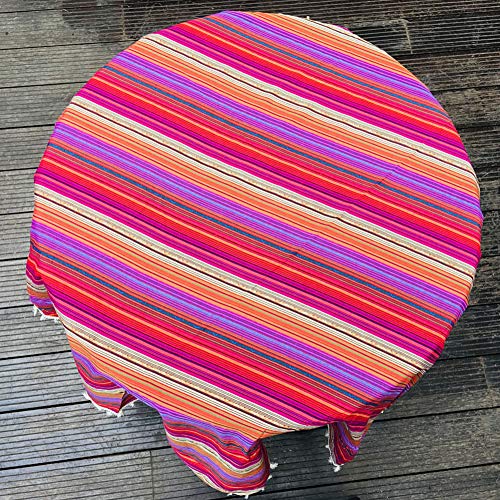 Amzali Vintage Bohemian Rainbow Tassel Tablecloth Cotton Linen Fabric Dust-Proof Table Cover Kitchen Dinning Tabletop Decoration (Round 60 Inch) #TOP1