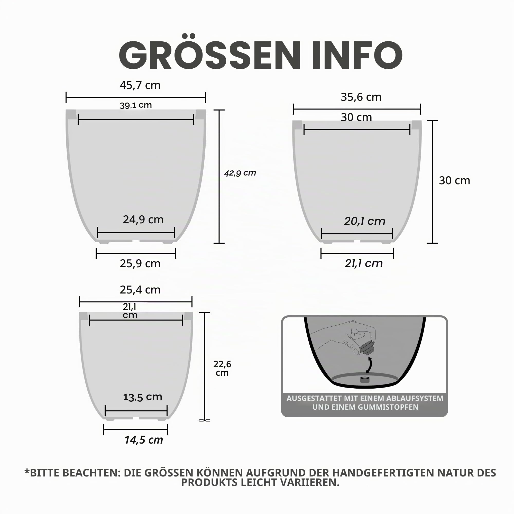 Kante Runde Pflanzgefäße aus Beton, 45,7 cm, 35,6 cm, 25,4 cm Durchmesser, 3 Stück, für drinnen und draußen, große Pflanztöpfe mit Ablaufloch und Gummistopfen für Zuhause, Terrasse, Garten,