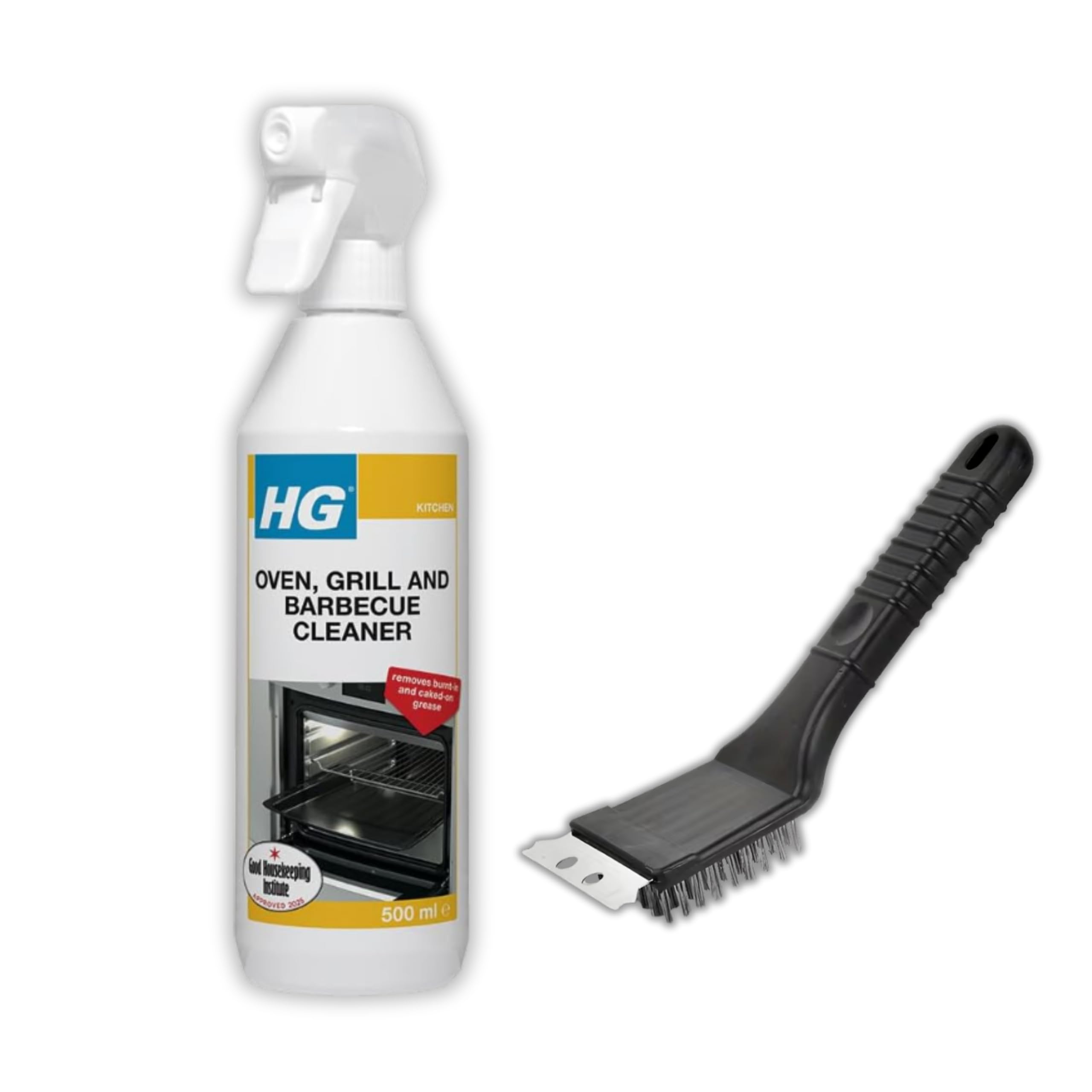 BBQ Cleaning Bundle with Stainless Steel BBQ Brush and Wire Brush Bundled with HG Oven, Grill & BBQ Cleaner Spray 500ml Oven Cleaner Heavy Duty Grill Cleaner BBQ Accessories