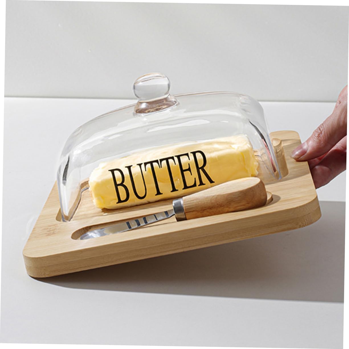 1Set Butter Dish with Glass Dome and Metal Cutter Square Butter Tray for Household Storage Keeps Butter Fresh and Odor Elegant Design for Kitchen Organization