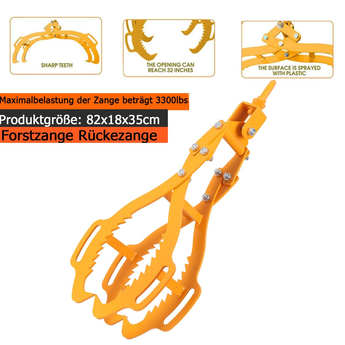 Pinza para Madera Alicates forestales para troncos de árboles de hasta 720 mm, 3-28 pulgadas, alicates de carga, 1500 kg fuerza de tracción, pinzas de embalaje con 4 mandriles