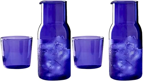 Juego de 2 jarras de agua de noche con vaso de vidrio, jarra de agua para mesita de noche de 17 onzas y vasos de vidrio vintage, enjuague bucal para