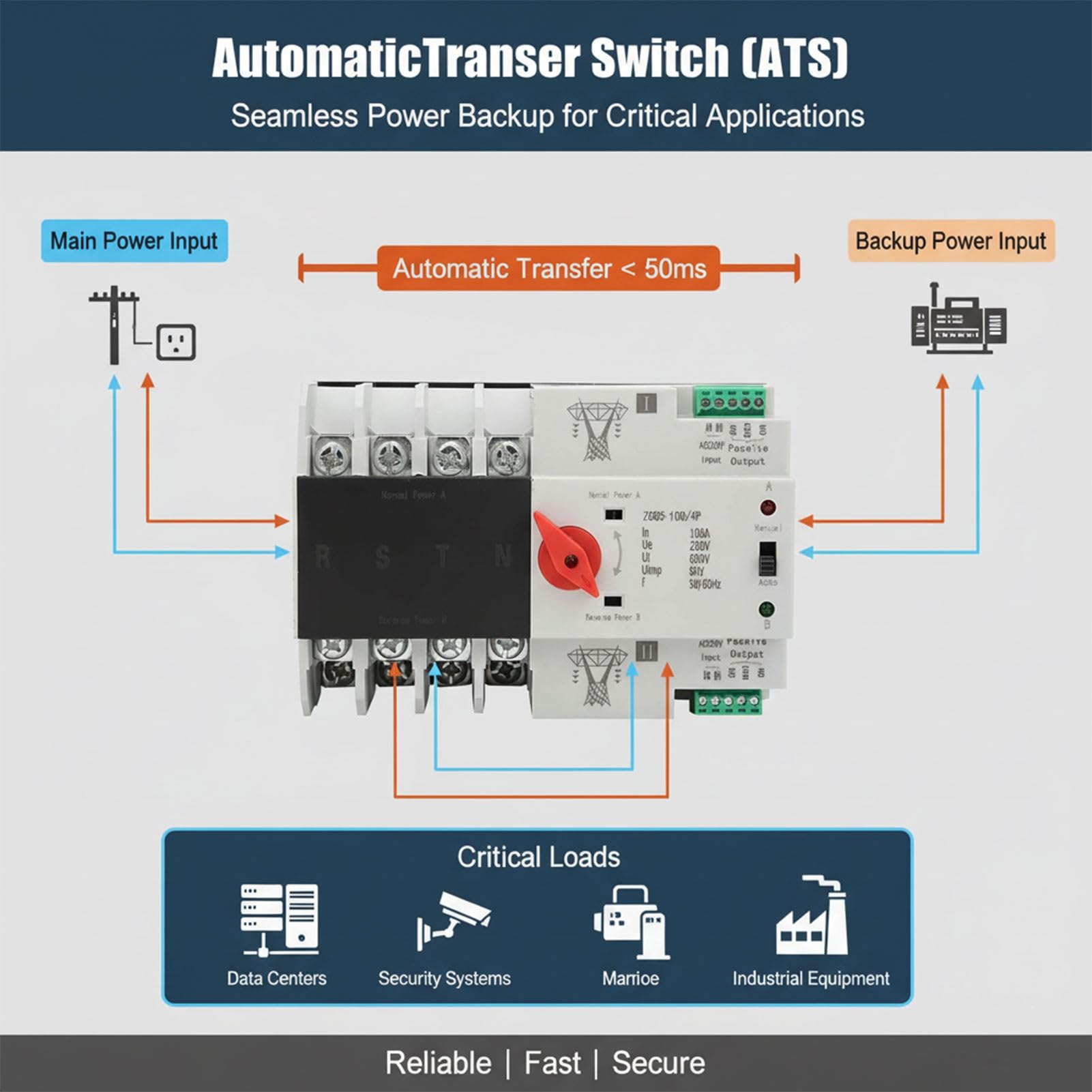 Commutatore Automatico Doppia Alimentazione | Passaggio Ininterrotto tra Rete Elettrica e Generatore | Montaggio su Guida DIN | Livello PC(100A,4,Solar ATS)