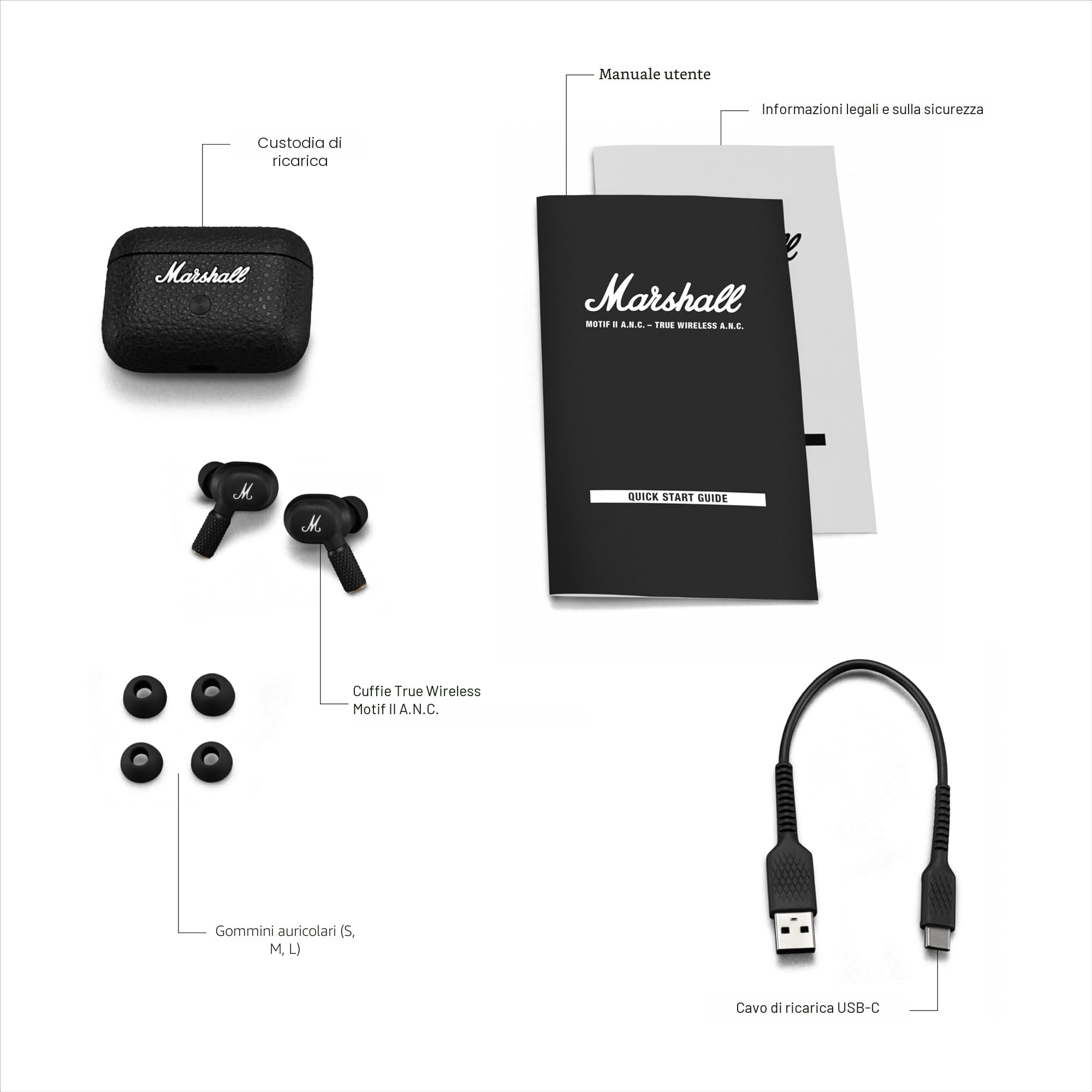 Marshall Motif II ANC, Cuffie Bluetooth con Cancellazione Attiva del Rumore, Auricolari Bluetooth, 30 Ore di Riproduzione, Nero