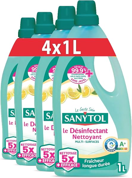 Sanytol - Désinfectant Nettoyant Multi-Surfaces - Parfum Citron – 1L - Lot de 4 - Sans Javel, Air Label Score A+ - Nouvelle formule 5X plus nettoyante – Fraîcheur longue durée - 1