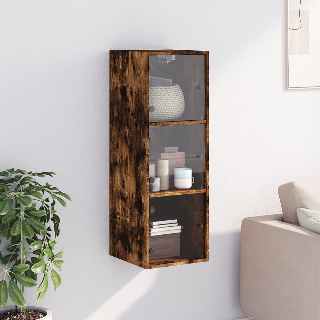 Wandschrank mit Glastüren Räuchereiche 35x37x100 cm Holzwerkstoff Aufbewahrungsschrank für Büro Flur Garage mit Stauraum und Regalfach für Ordnung und Organisation
