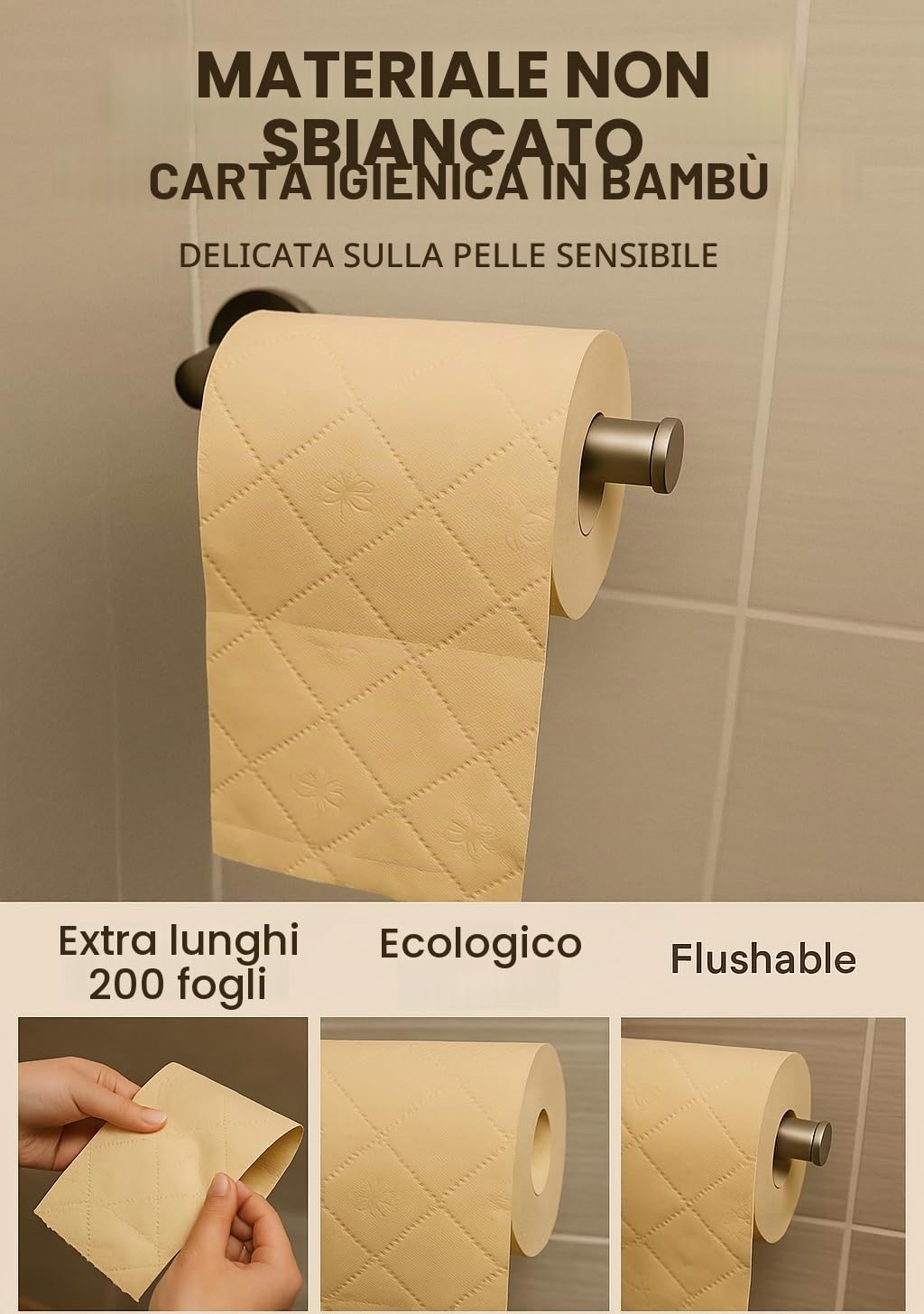 Pure Boo, rotoli di carta igienica in bambù non sbiancato, confezione da 24 | 3 strati, 200 fogli per rotolo | 100% carta igienica in bambù, ecologica, ipoallergenica, biodegradabile, senza plastica