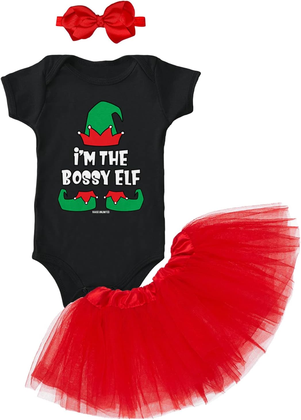 I'm The Bossy Elf - Christmas Xmas Baby Bodysuit + Tutu Skirt + Bow Headband Set