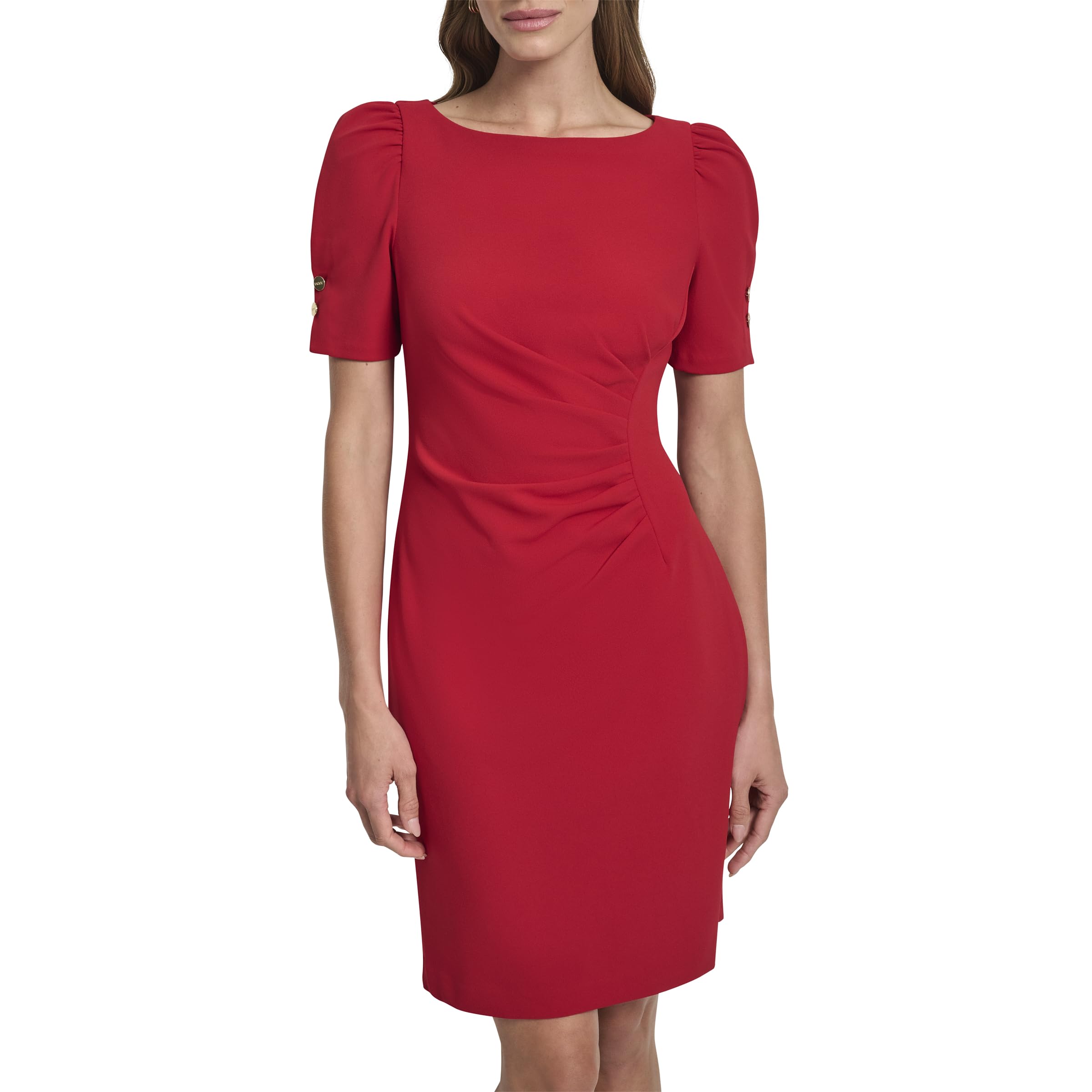 DKNY Women's Short Sleeve Ruched Knee Length Sheath Dress with Button Detail