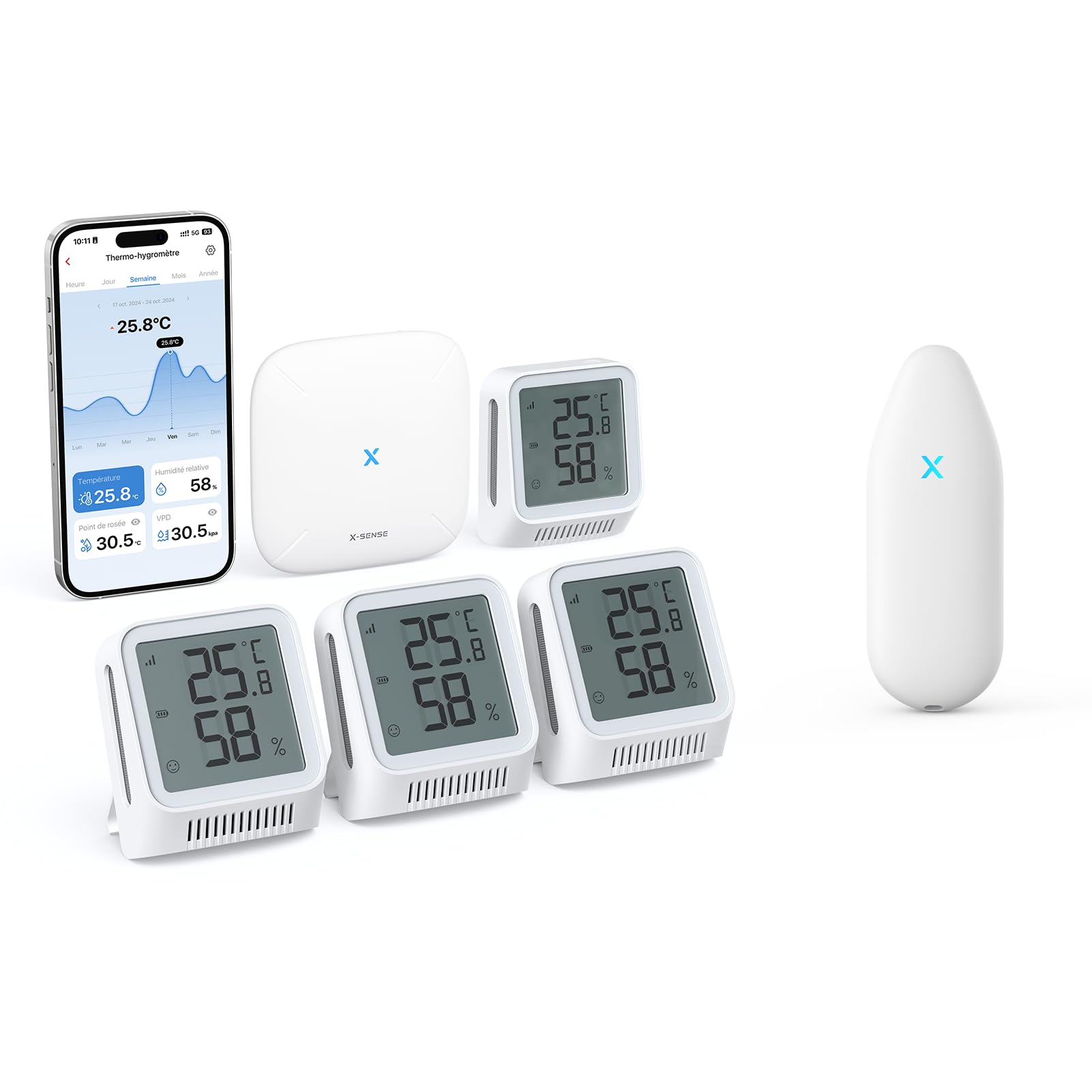X-Sense Thermomètre-Hygromètre Wi-Fi Avec Station de Base SBS50 STH0A41 et Thermomètre-Hygromètre Wi-Fi STH51, Lot de 1