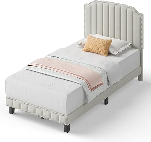 Miniatura 3 de KOMFOTT Base de cama de plataforma tapizada individual con cabecero, base de colchón resistente con listones de madera maciza, fácil montaje, no