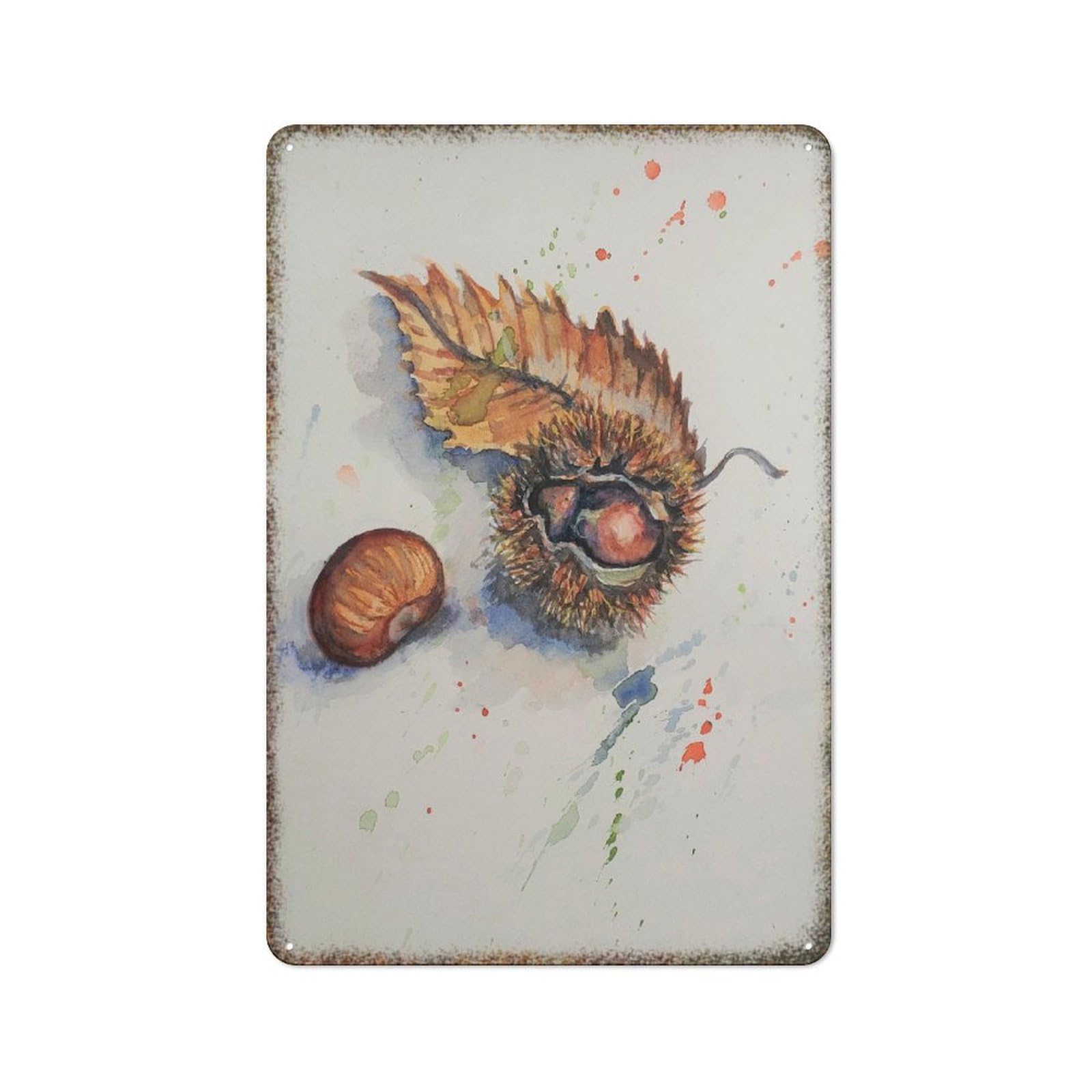 Watercolor Autumn Chestnut Print Retro Metal Wall Sign Novelty Decor Plaque for Home Backyard Cafe Bar Farmhouse Household 8x12 Inch