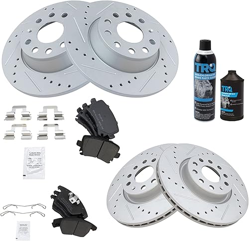 Miniatura 2 de TRQ Kit de pastillas de freno delanteras y traseras y rotores semimetálicos Premium con revestimiento en G ranurado X perforado compatible con Audi