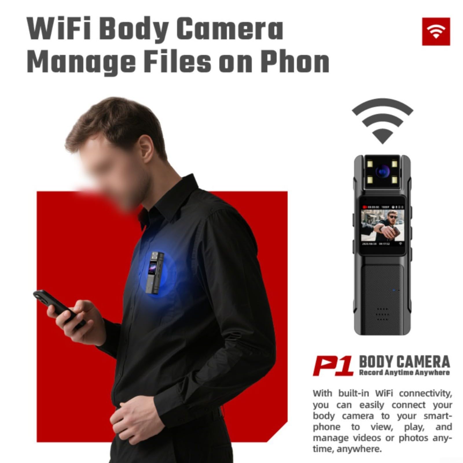 Telecamera mini 1080P con obiettivo di rotazione a 180°, videoregistratore portatile per sicurezza all'aperto, viaggi, sport, telecamera indossabile in ABS nero (WiFi P1 set completo)