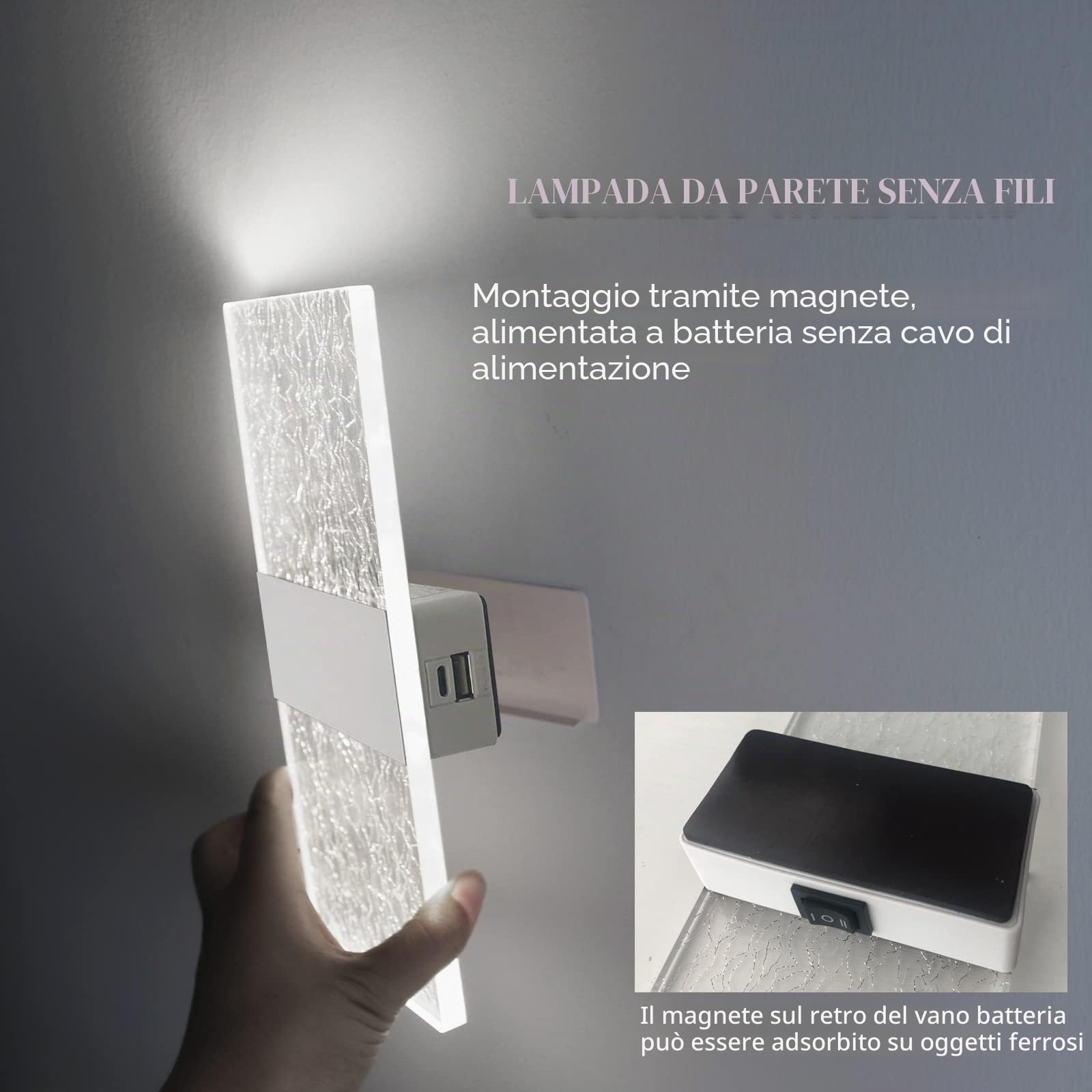 VOMI Applique da Parete Interno a Batteria con Interruttore e Porta di Ricarica USB, 2 Pezzi Bianco Lampada da Parete LED Senza Fili Ricaricabile Luce Magnetica, 3 Luminosità Regolabili, 6000K