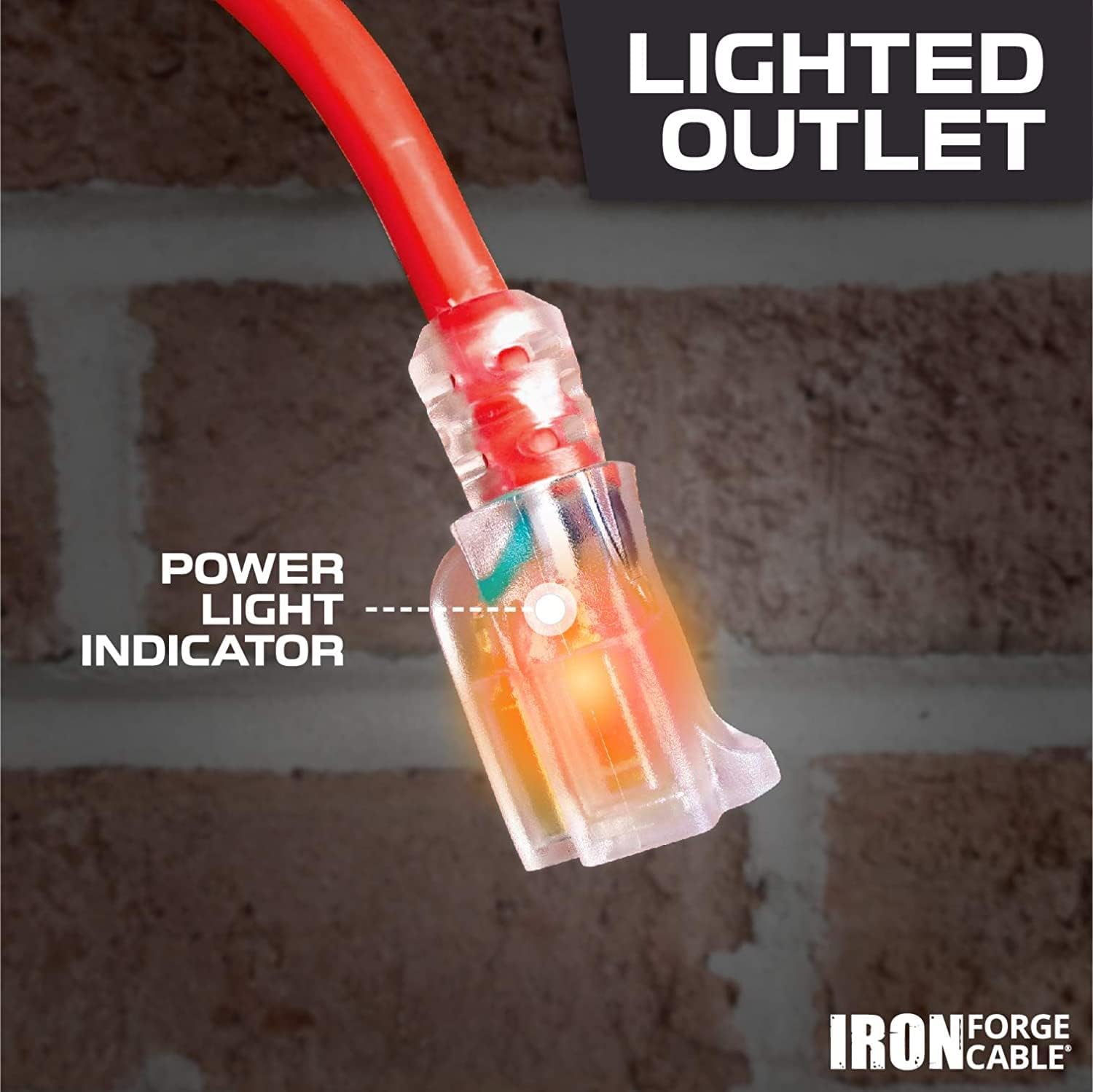Iron Forge Cable Lighted Outdoor Extension Cord 50 ft - 14 Gauge 15 Amp Heavy Duty Power Extension Cords - SJTW - Great for Major Appliances, Power Tools, Garden Supplies - Red