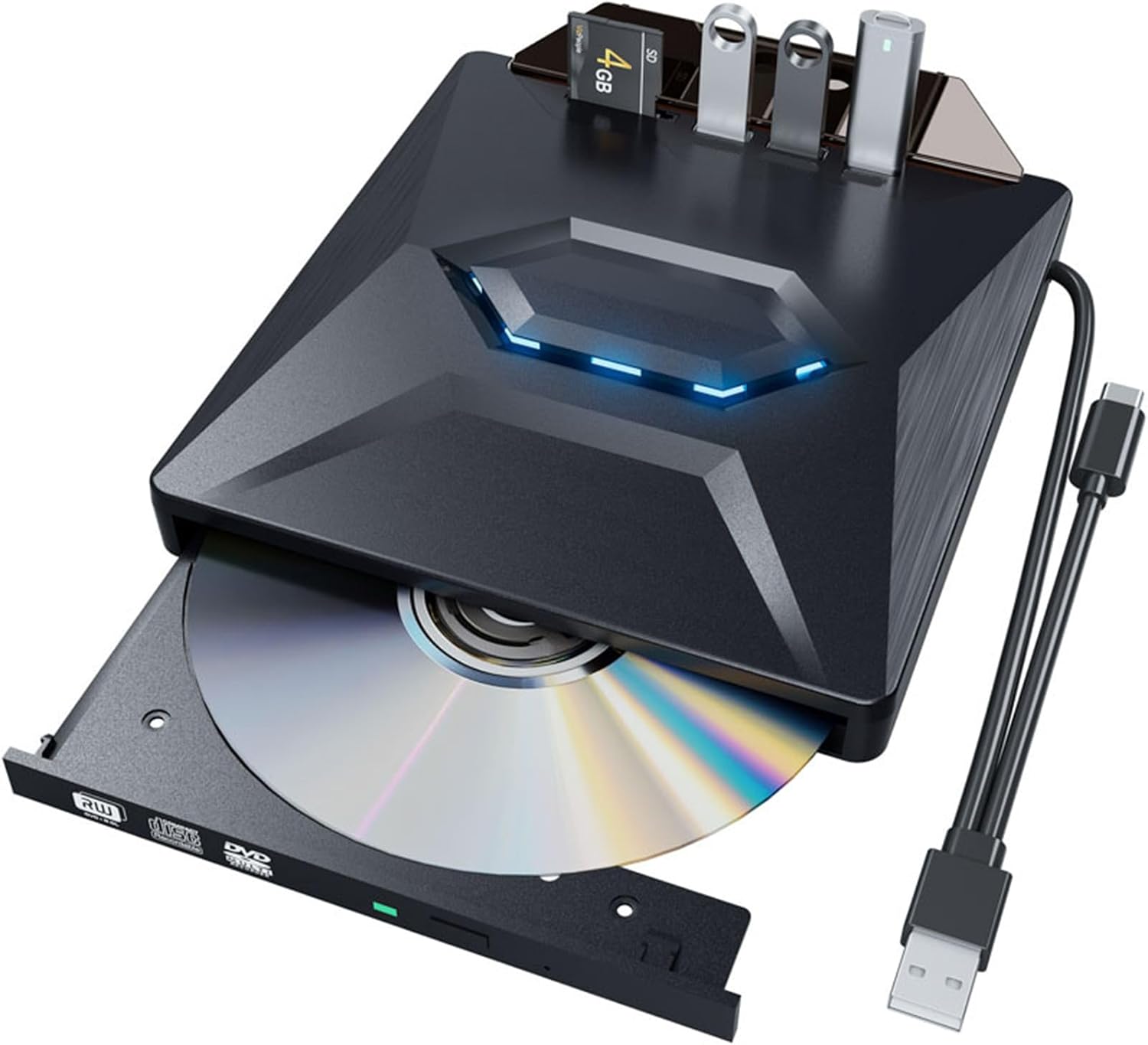 7-in-1 External USB DVD Drive & Blu-Ray Player,Retro Laptop CD DVD Player USB C 3.0 Portable CD Burner with 3 USB Ports Hub & Sd/Tf Card 6X Optical for Laptop/Desktop (12.7mm)
