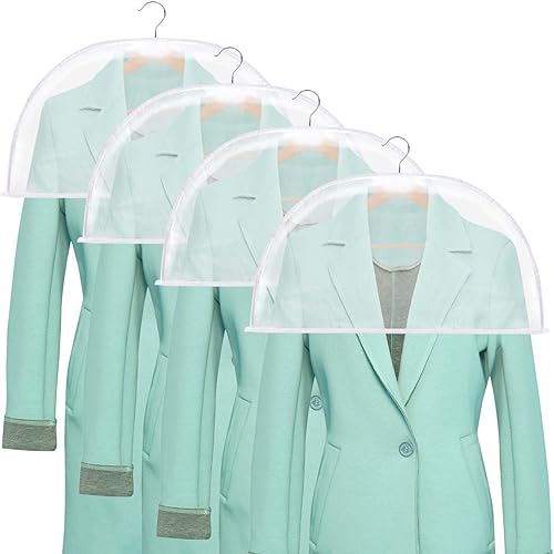Paquete de 4 fundas transparentes para colgar ropa, de plástico transpirable, con refuerzo, para colgar ropa, trajes, abrigos, chaquetas, vestidos