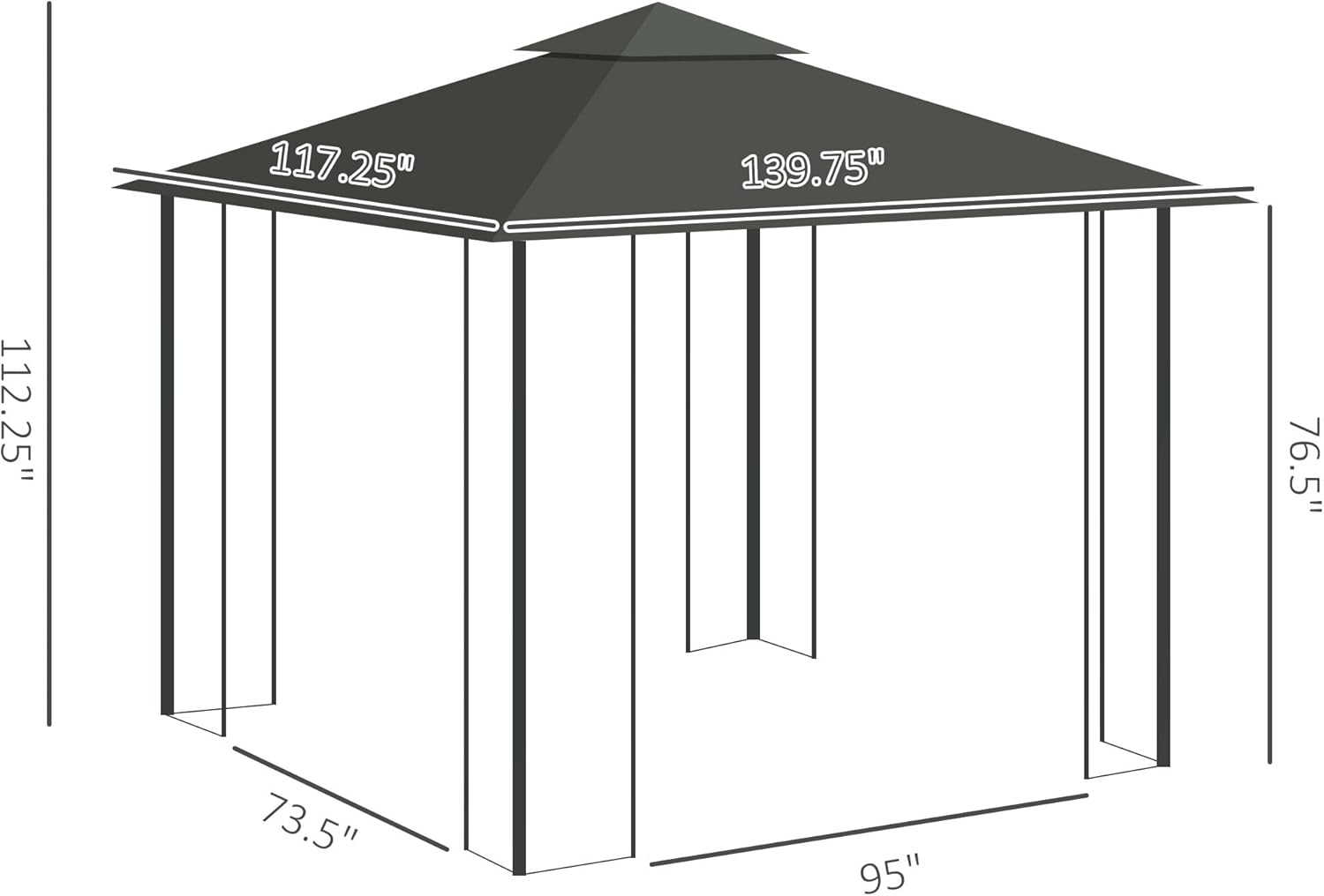 Diagram showing the dimensions of the Outsunny gazebo: 11.6 feet long, 9.8 feet wide, and 9.4 feet high.