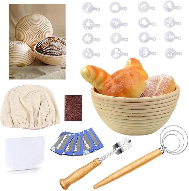 CHUSSTANG Round Bread Proofing Basket, Banneton Brotform Sourdough Proving Basket Natural Rattan Bowl Bread Making Baking Tools with Cloth Liner/Bread Bag/Bread Lame/Whisk/Dough Scraper/Decor Stencils