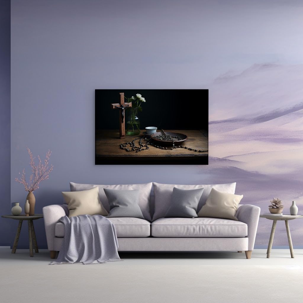 Canvas for Living room. Sacred Symbols and Serenity: A Still Life Study of Faith and Reflection, 27 x 18 inch Canvas Wall Art - Contemporary Masterpieces - Spiritual Home Decor - 69x46 cm (27x18 inch)