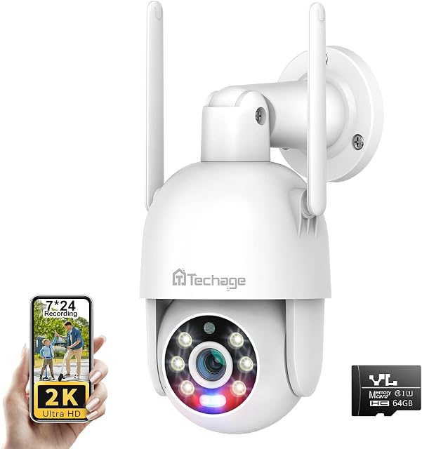 2K Wireless Security Camera, 24/7 Recording with 64G SD, Pan-Tilt 360° View CCTV Camera Outdoor with Motion Detection, Sound-Lights Alarm, 2-Way Audio, Color Night Vision, Wifi Ip Camera Support Alexa
