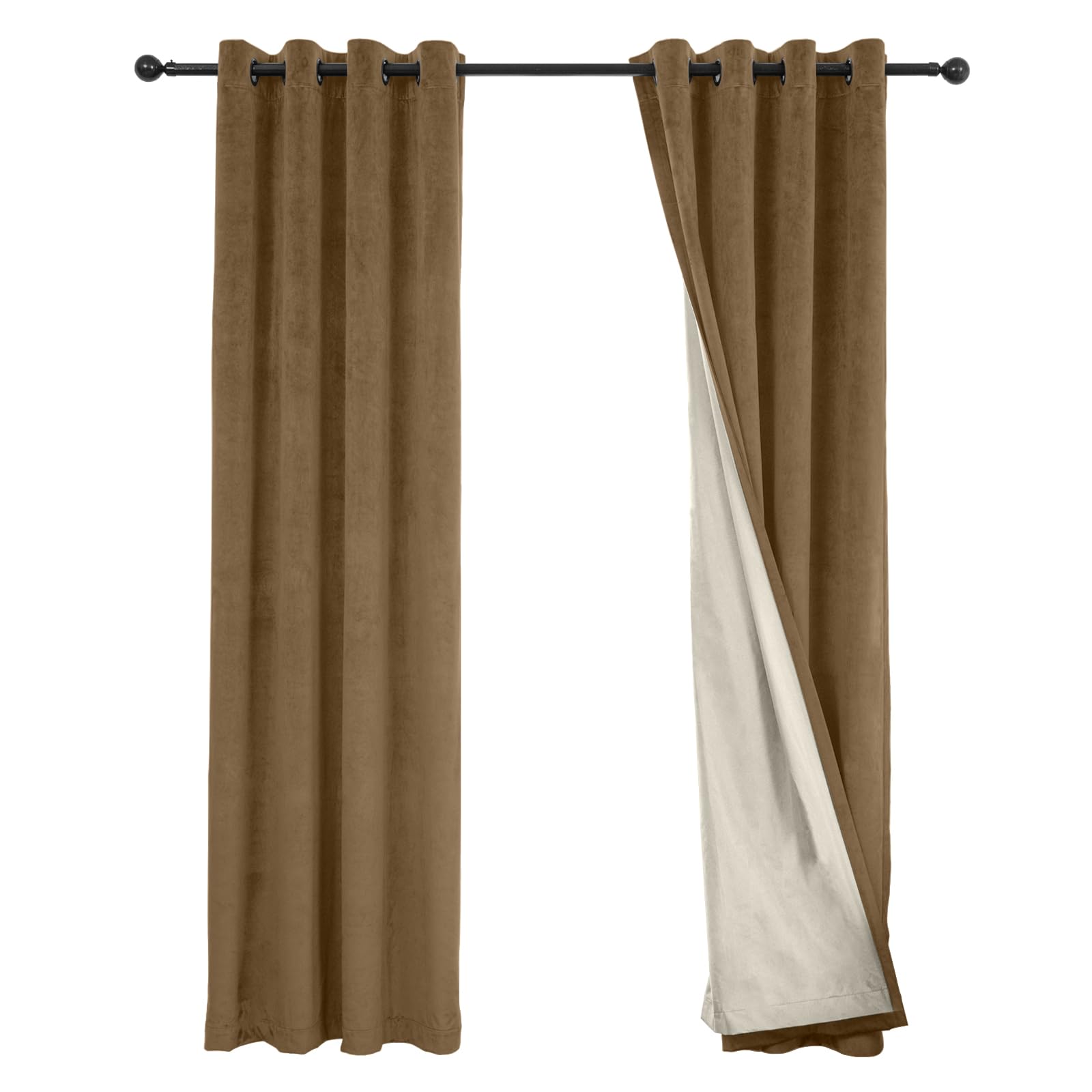 JSFLY 100% Full Blackout Velvet Curtains with Liner 63 inch Long 2 Panels for Living Room, Thermal Insulated Energy Saving Room Darkening Grommet
